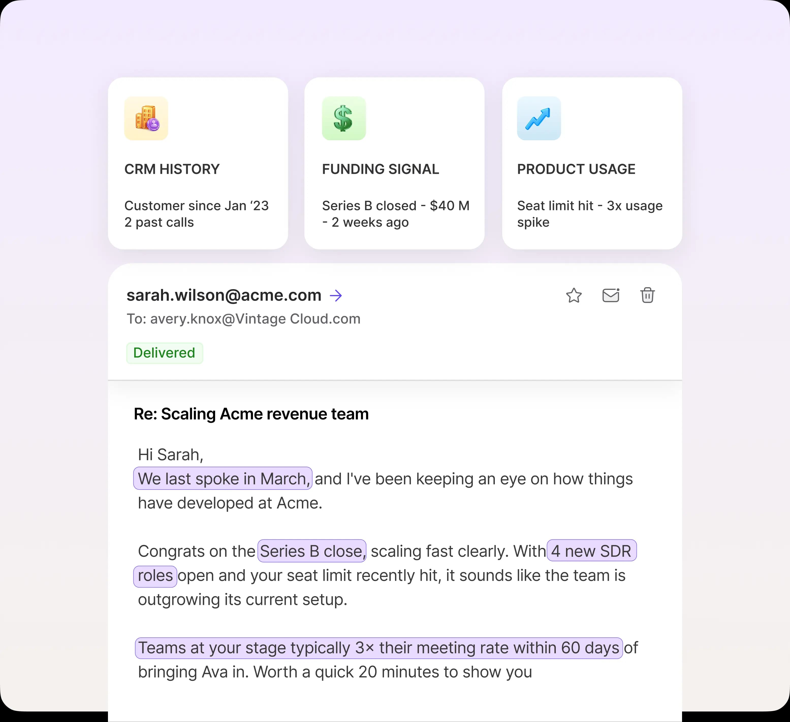 Ava writes with the full account context