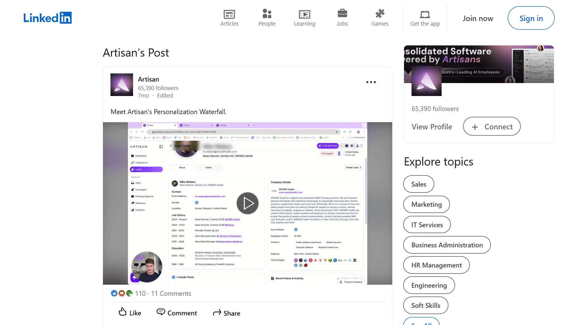 Artisan Lead Nurturing LinkedIn Post