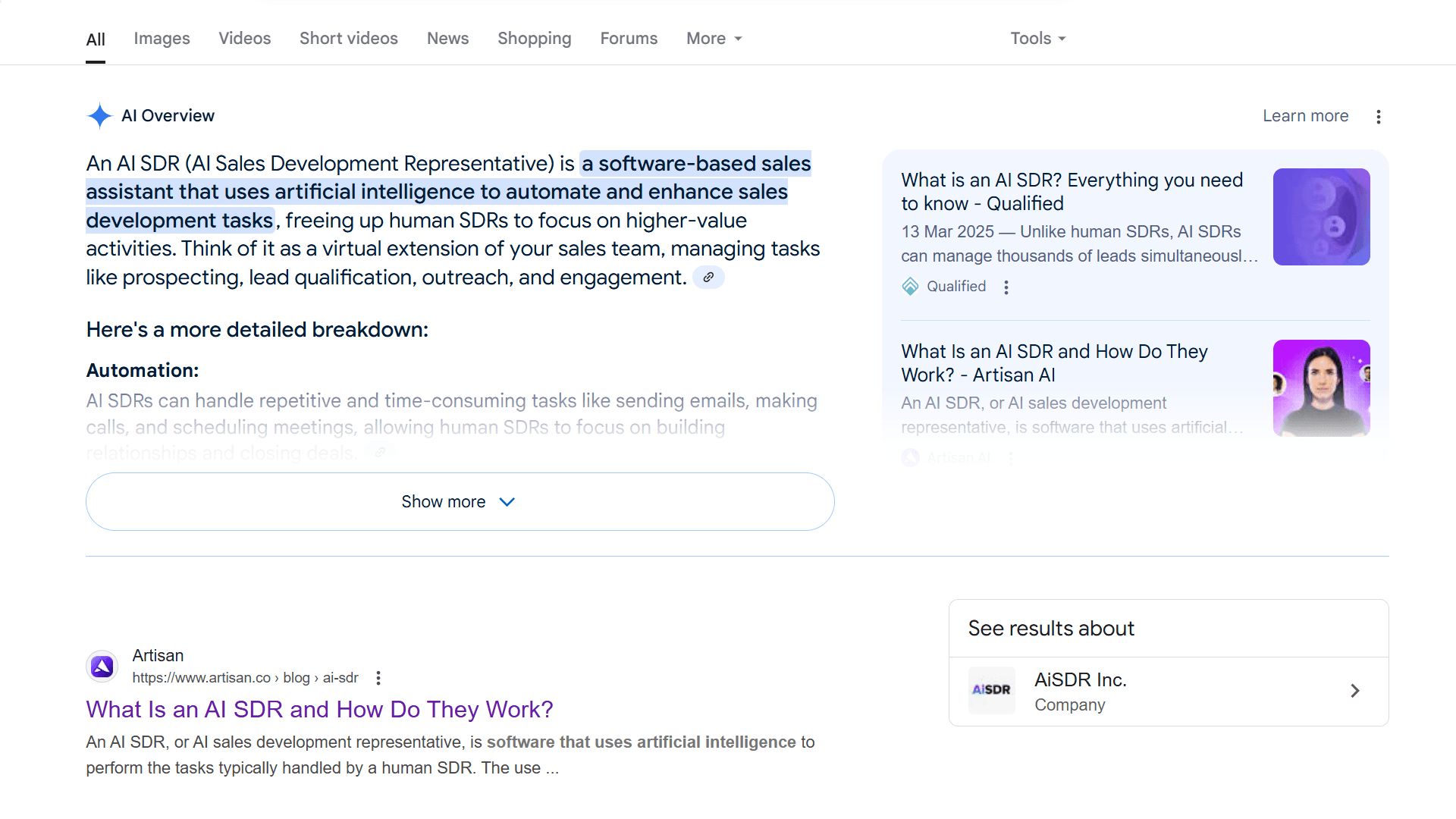 Artisan AI SDR Google Ranking