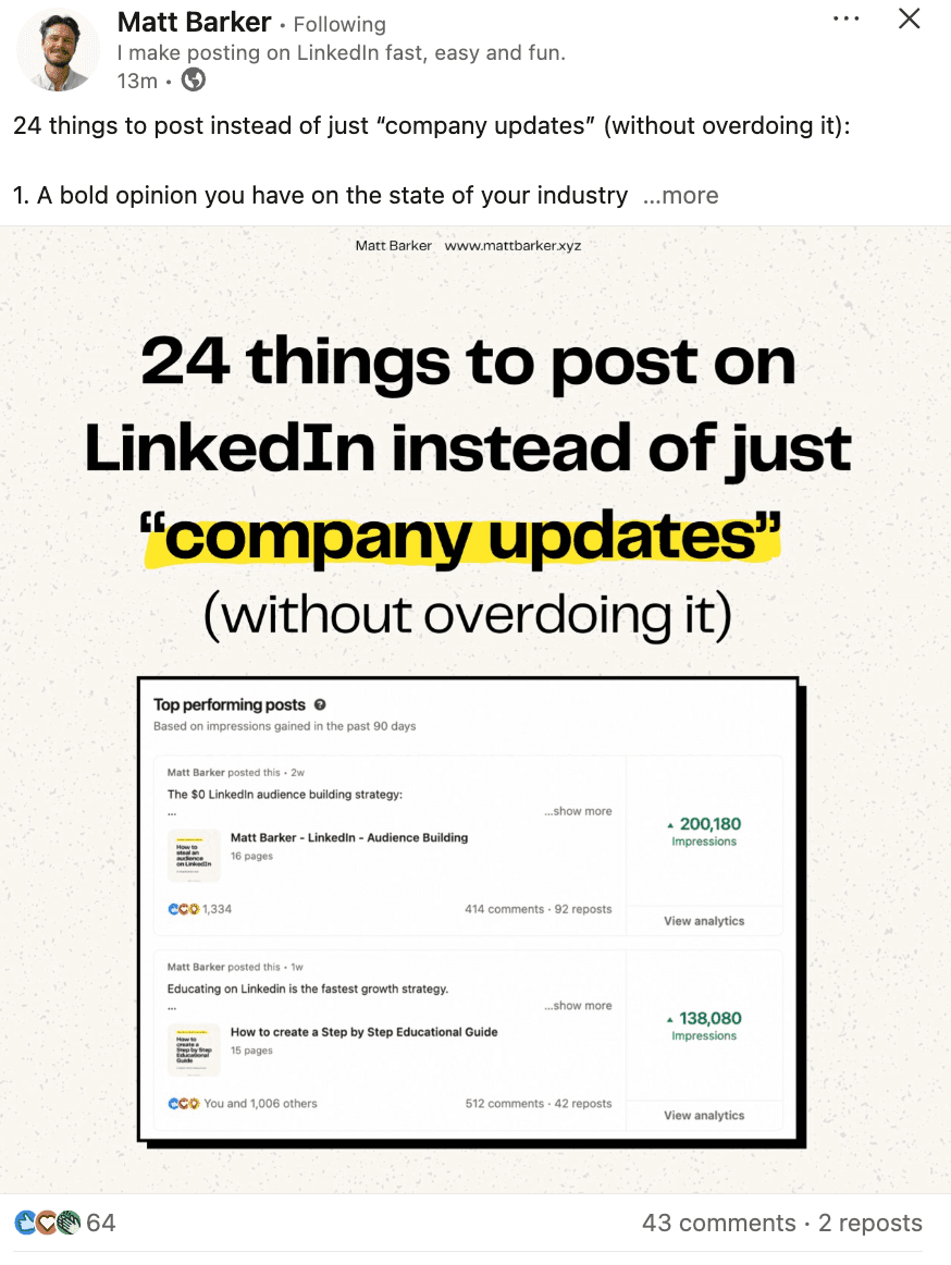 LinkedIn Post Example (Matt Barker)