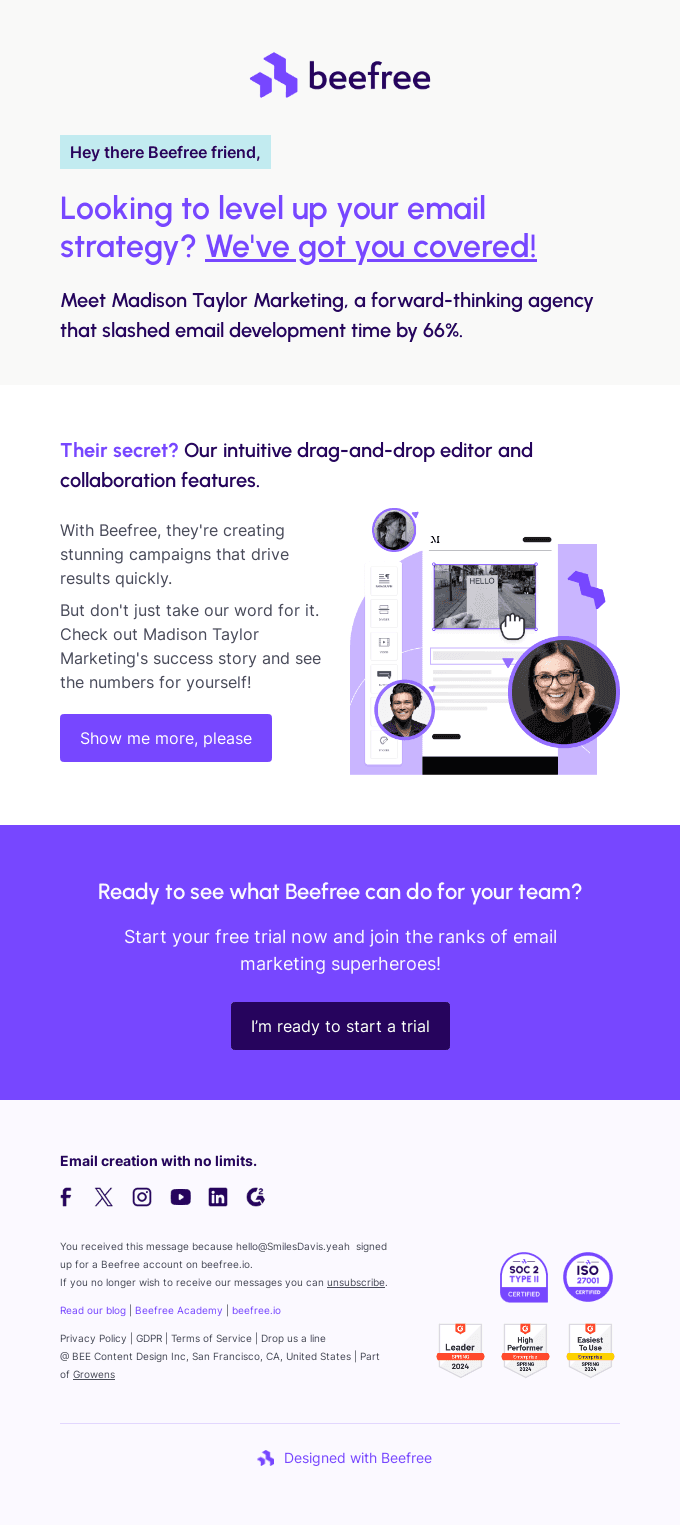 Beefree Testimonial Email