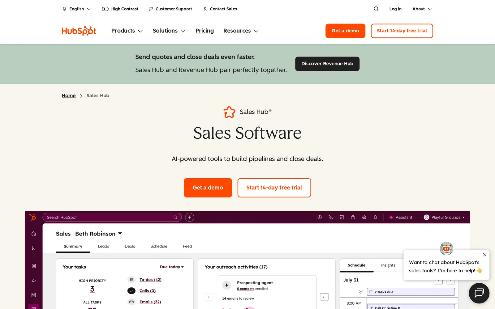 HubSpot Sales Hub page