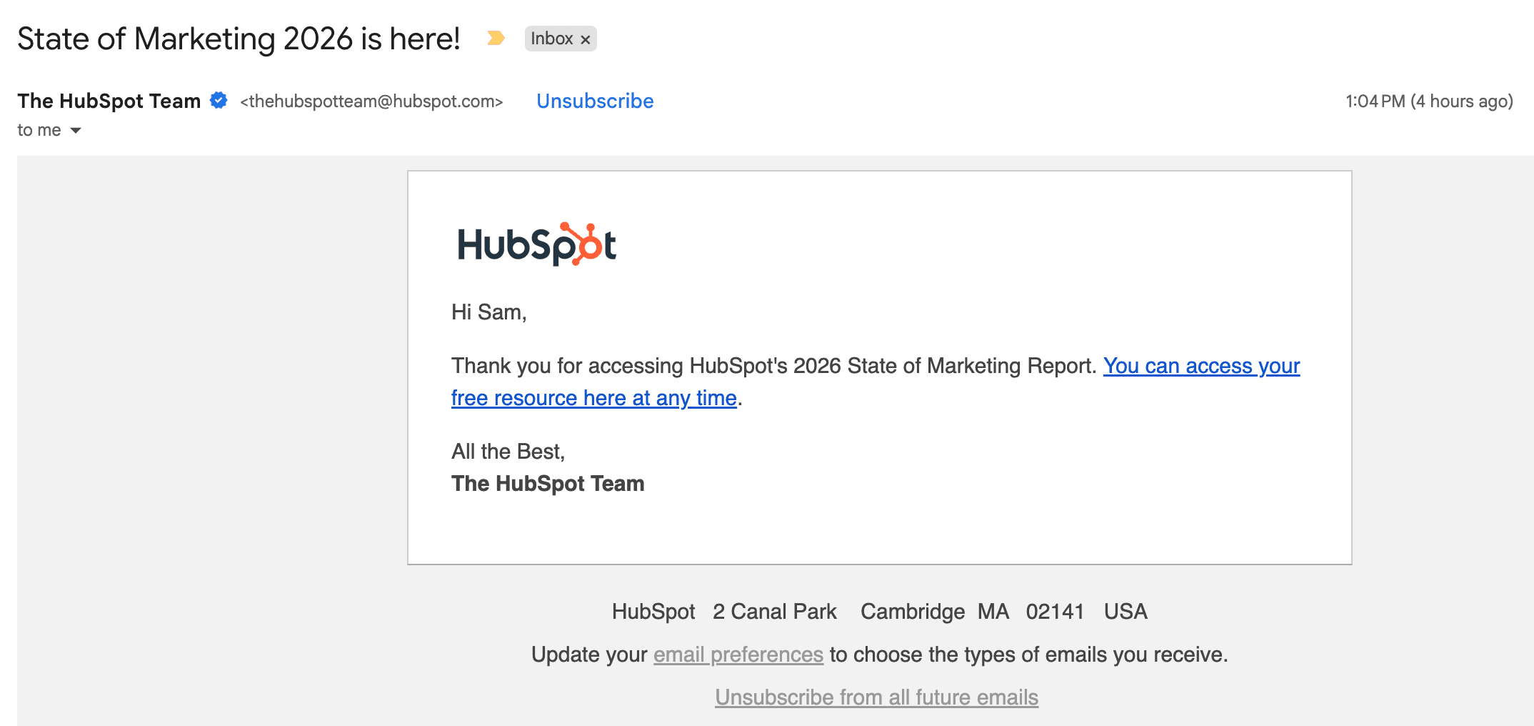 HubSpot automated email for report download