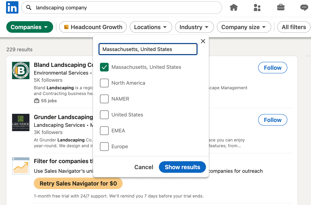 LinkedIn Local Business Search Example
