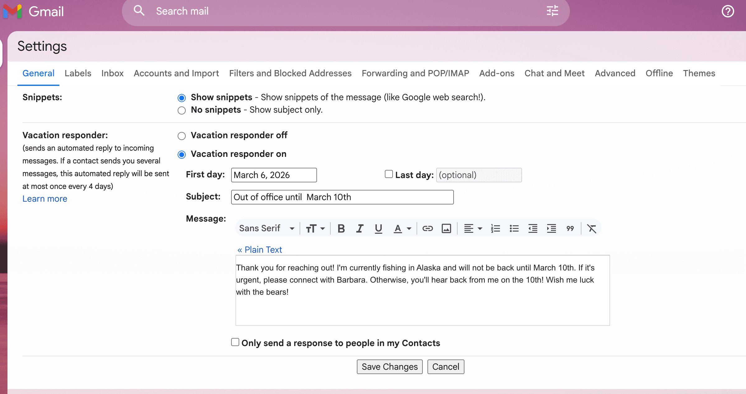 Gmail out-of-office settings
