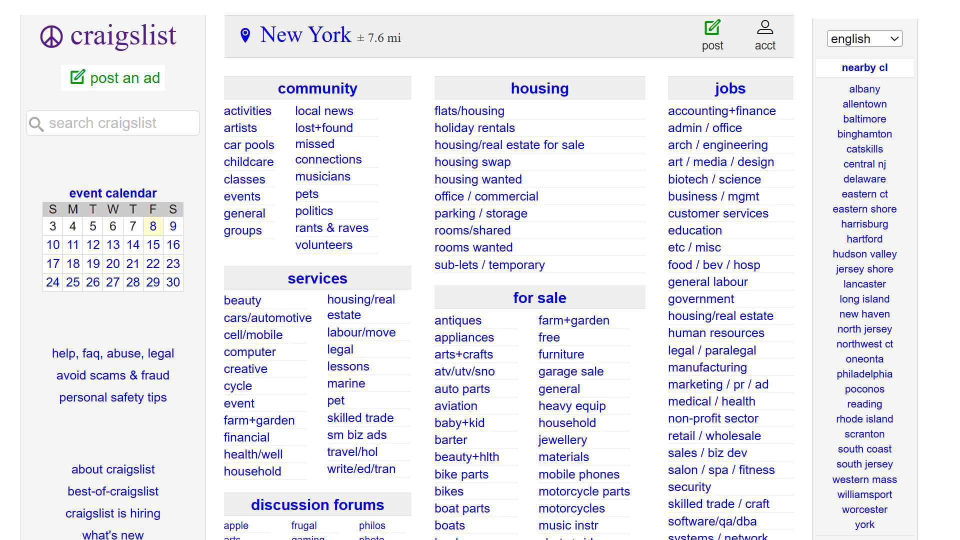 Craigslist Homepage for New York