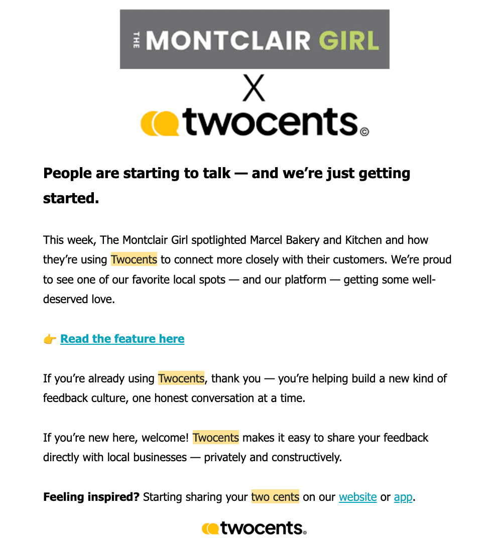 Montclair Girl and Two Cents Publicity Example