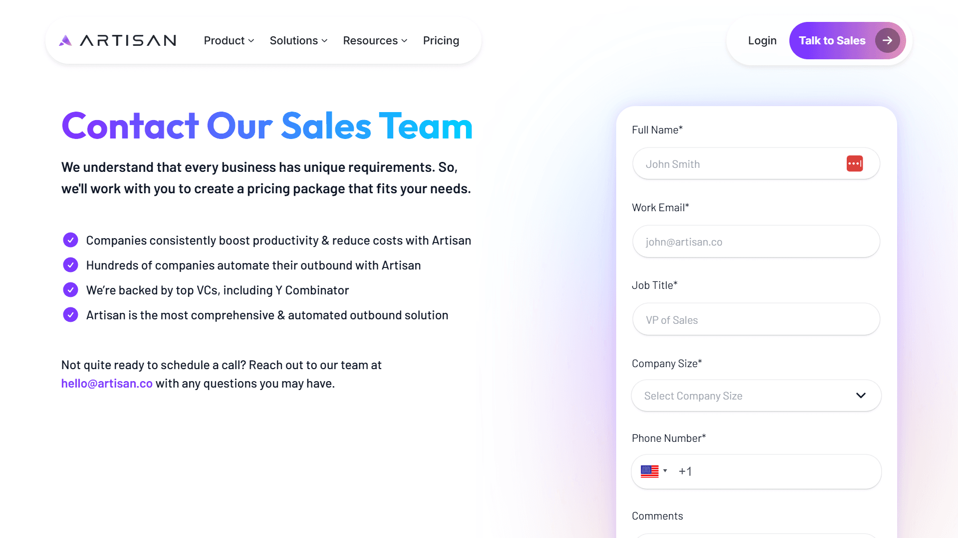 Artisan Sales Page