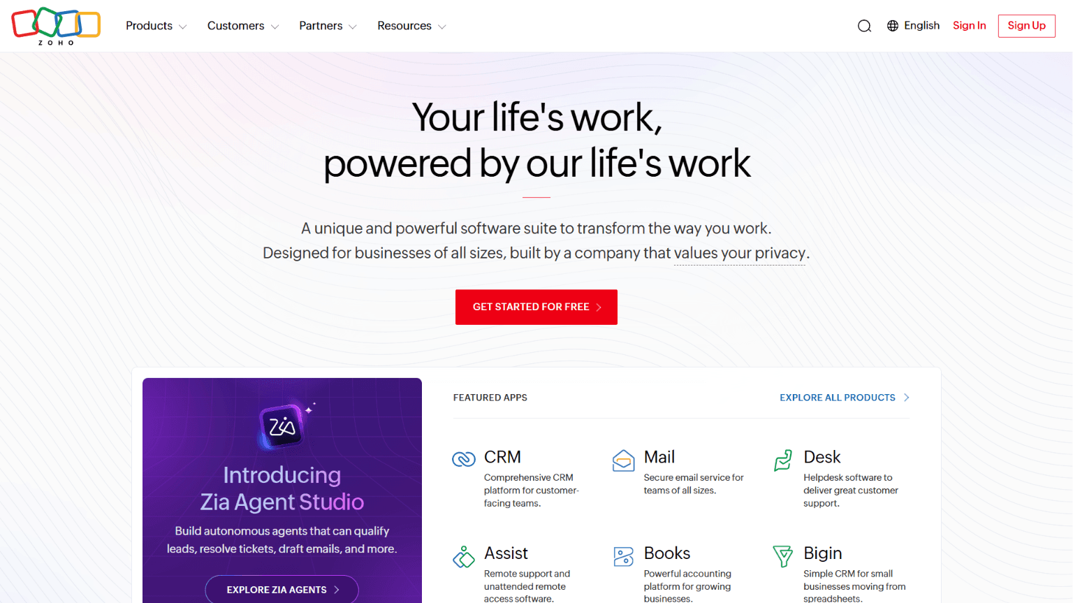 Zoho Homepage