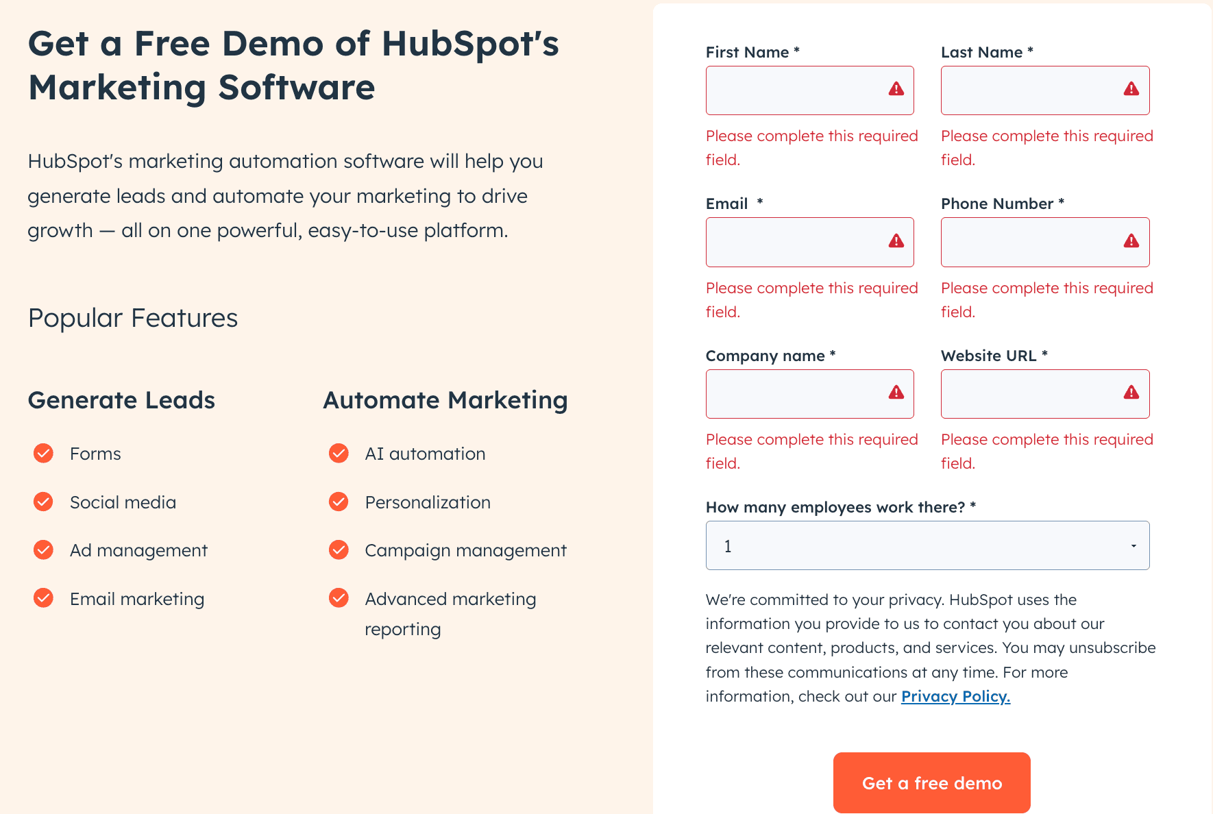 HubSpot Demo Sign-Up Page