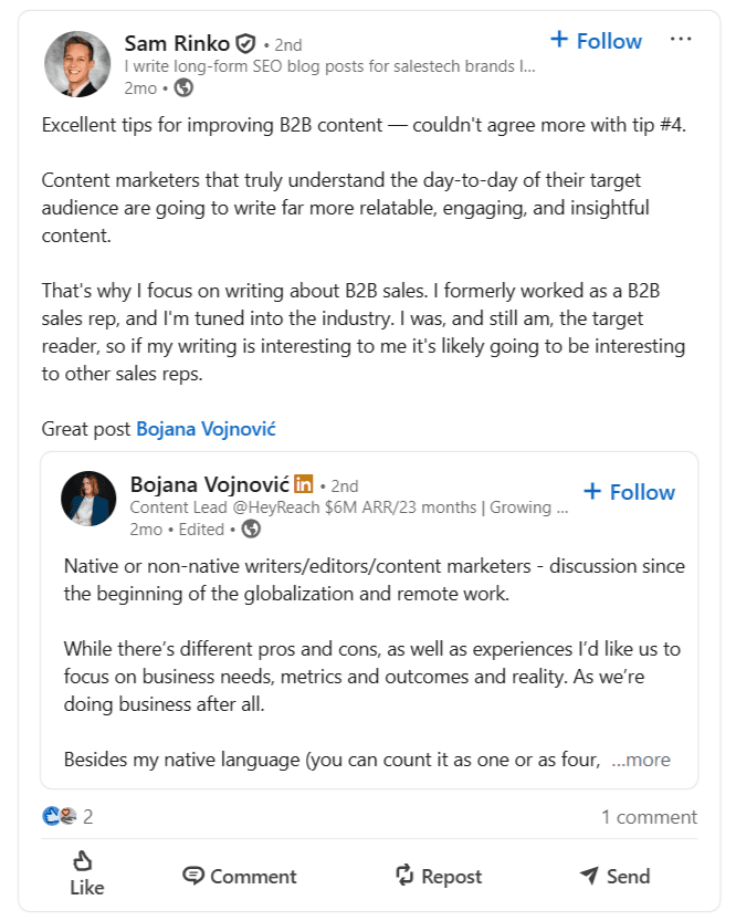 Sam Rinko LinkedIn Post